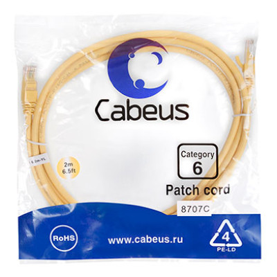 Cabeus PC-UTP-RJ45-Cat.6-2m-YL Патч-корд U/UTP, категория 6, 2xRJ45/8p8c, неэкранированный, желтый, PVC, 2м