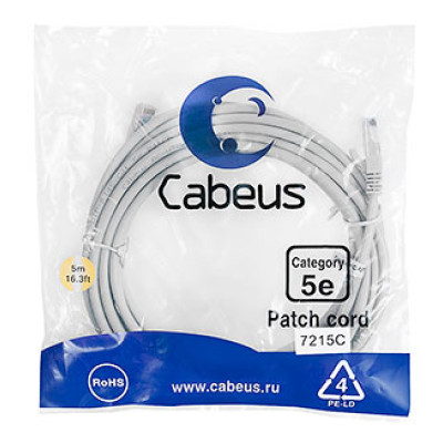 Cabeus PC-UTP-RJ45-Cat.5e-5m Патч-корд U/UTP, категория 5е, 2xRJ45/8p8c, неэкранированный, серый, PVC, 5м