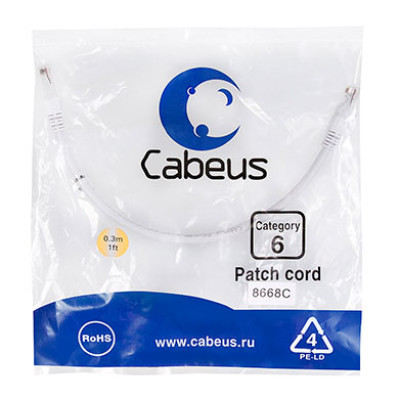 Cabeus PC-UTP-RJ45-Cat.6-0.3m-WH Патч-корд U/UTP, категория 6, 2xRJ45/8p8c, неэкранированный, белый, PVC, 0.3м