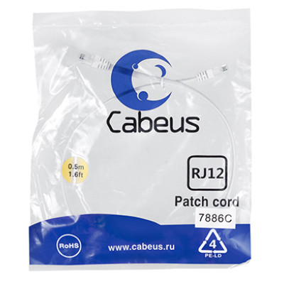 Cabeus PC-TEL-RJ12-0.5m Патч-корд телефонный 2х6р4с, белый, PVC, 0.5 м