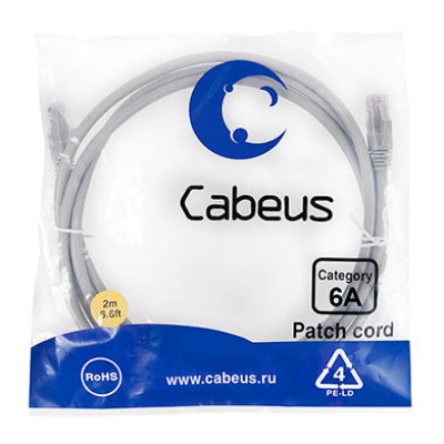 Cabeus PC-UTP-RJ45-Cat.6a-2m-LSZH Патч-корд U/UTP, категория 6а (10G), 2xRJ45/8p8c, неэкранированный, серый, LSZH, 2м