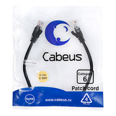 Cabeus PC-UTP-RJ45-Cat.6-0.3m-BK Патч-корд U/UTP, категория 6, 2xRJ45/8p8c, неэкранированный, черный, PVC, 0.3м