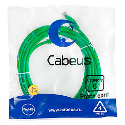 Cabeus PC-UTP-RJ45-Cat.6-5m-GN Патч-корд U/UTP, категория 6, 2xRJ45/8p8c, неэкранированный, зеленый, PVC, 5м