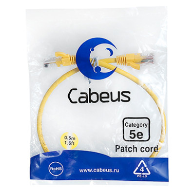 Cabeus PC-UTP-RJ45-Cat.5e-0.5m-YL Патч-корд U/UTP, категория 5е, 2xRJ45/8p8c, неэкранированный, желтый, PVC, 0.5м