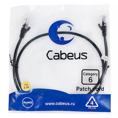 Cabeus PC-UTP-RJ45-Cat.6-1m-BK Патч-корд U/UTP, категория 6, 2xRJ45/8p8c, неэкранированный, черный, PVC, 1м