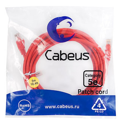 Cabeus PC-UTP-RJ45-Cat.5e-5m-RD Патч-корд U/UTP, категория 5е, 2xRJ45/8p8c, неэкранированный, красный, PVC, 5м