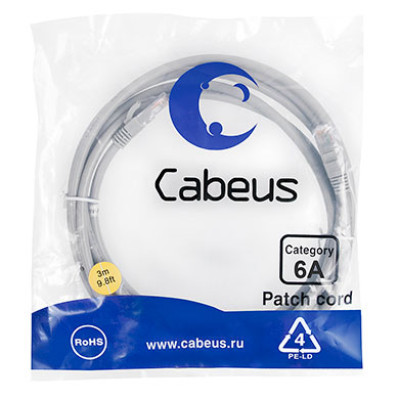 Cabeus PC-UTP-RJ45-Cat.6a-3m-LSZH Патч-корд U/UTP, категория 6а (10G), 2xRJ45/8p8c, неэкранированный, серый, LSZH, 3м