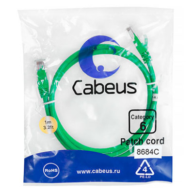 Cabeus PC-UTP-RJ45-Cat.6-1m-GN Патч-корд U/UTP, категория 6, 2xRJ45/8p8c, неэкранированный, зеленый, PVC, 1м