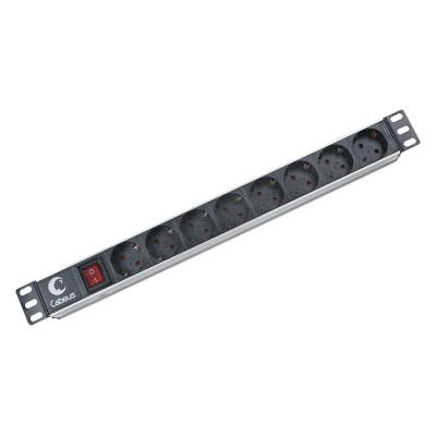 Cabeus PDU-8P Блок евророзеток для 19; шкафов, горизонтальный, 8 розеток, 10 A, выключатель, гнездо под шнур, алюминиевый корпус