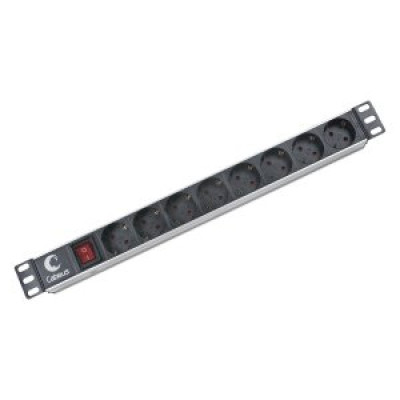 Cabeus PDU-8P Блок евророзеток для 19; шкафов, горизонтальный, 8 розеток, 10 A, выключатель, гнездо под шнур, алюминиевый корпус