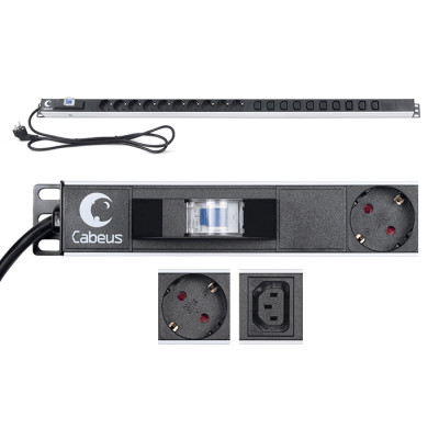 Cabeus PDU-16-10S-10C13-B Блок розеток для 19; шкафов, вертикальный, 10 розеток Schuko, 10 розеток IEC 320 C13, 16А, автомат защиты, алюминиевый корпус, шнур с вилкой Schuko 2 м