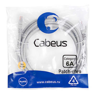 Cabeus PC-UTP-RJ45-Cat.6a-5m-LSZH Патч-корд U/UTP, категория 6а (10G), 2xRJ45/8p8c, неэкранированный, серый, LSZH, 5м