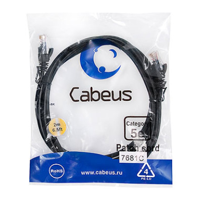 Cabeus PC-UTP-RJ45-Cat.5e-2m-BK Патч-корд U/UTP, категория 5е, 2xRJ45/8p8c, неэкранированный, черный, PVC, 2м