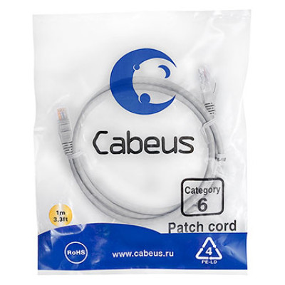 Cabeus PC-UTP-RJ45-Cat.6-1m Патч-корд U/UTP, категория 6, 2xRJ45/8p8c, неэкранированный, серый, PVC, 1м