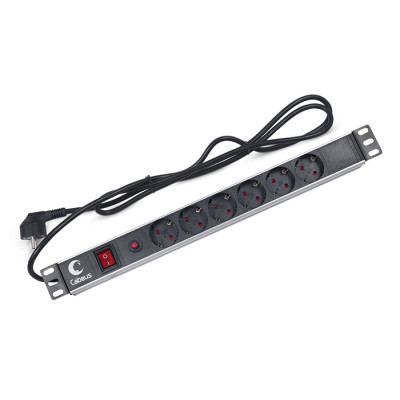 Cabeus PDU-6P-F-2EU Блок евророзеток для 19; шкафов, горизонтальный, 6 розеток, 16 A, выключатель, шнур 2м, алюминиевый корпус, немецкий стандарт